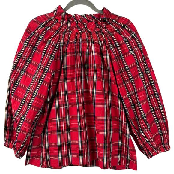 J. Crew Smocked Neck Top Good Tidings Plaid Size M Christmas Tartan Puff Sleeve - Picture 1 of 16